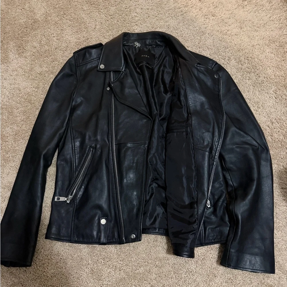 Men's Black Zara Leather Jacket - Picture 2 of 3